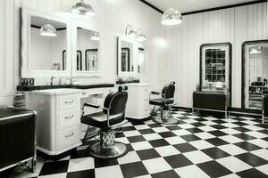 moderno barbearia interior com espelhos cadeira e de outros equipamento perto janelas. cadeiras dentro barbearia conceito de ai gerado foto