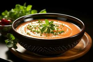 uma delicioso tomate sopa Comida dentro uma tigela. inverno Comida e saudável proteína sopa refeição conceito de ai gerado foto