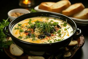 uma delicioso bouillabaisse sopa Comida dentro uma tigela. Marselha Comida e saudável proteína sopa refeição conceito de ai gerado foto