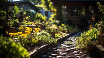 de madeira casa dentro Vila com plantas e flores dentro quintal jardim. jardim e flor em rural casa conceito de ai gerado foto