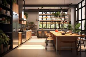 moderno cozinha interior Projeto dentro apartamento ou casa com mobiliário. luxo cozinha casa escandinavo conceito de ai gerado foto