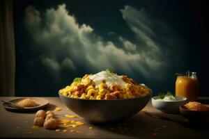 apetitoso Macarrão e queijo com nublado céu foto