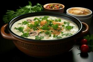 uma delicioso frango sopa Comida com legumes dentro uma tigela. inverno Comida e Alto proteína sopa refeição conceito de ai gerado foto