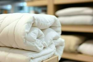 lindo luxo confortável branco travesseiro e cobertor em cama decoração. luxo branco baixa edredom conceito de ai gerado foto