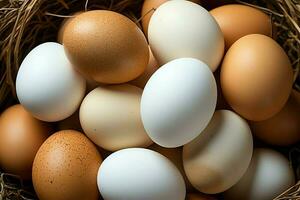 uma muitos amontoar do fresco frango ovos em a de madeira, ninho ou Palha cesta. eco ovos mercearias saudável conceito de ai gerado foto