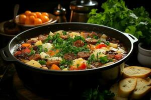 uma delicioso Sopa grossa de vegetais e macarrão sopa Comida dentro uma tigela. italiano Comida e saudável proteína sopa refeição conceito de ai gerado foto