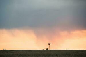 uma moinho de vento dentro uma campo com uma tempestade dentro a céu foto