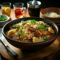 nasi Goreng indonésio tradicional Comida. frito arroz frango com ovos e picante especiarias de fritar conceito de ai gerado foto