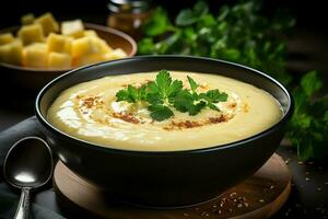 uma delicioso maçã sopa Comida dentro uma tigela. inverno Comida e saudável proteína sopa refeição conceito de ai gerado foto