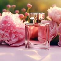 luxuoso floral aroma, fragrância garrafa e Rosa flores, perfume comercial dentro flor jardim, sob medida perfumaria e beleza produtos oferta, generativo ai foto