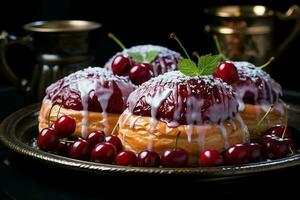 caseiro do delicioso pastelaria ou panquecas com fruta dinamarquês e cereja. dinamarquês pastelaria e sobremesa conceito de ai gerado foto