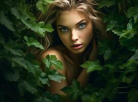 lindo mulher dentro natureza verão verde folhas foto