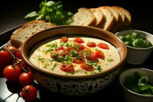 uma delicioso tomate sopa Comida dentro uma tigela. inverno Comida e saudável proteína sopa refeição conceito de ai gerado foto