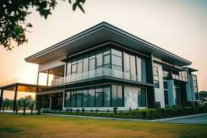 lindo moderno casa exterior com grama. campo moderno residencial distrito e minimalista construção conceito de ai gerado foto