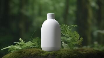 natural Cosmético produtos apresentação nos bastidores. ao ar livre floresta colocação. branco em branco jarra xampu garrafa. 3d. ai generativo foto