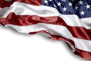 fechar-se bagunçado americano bandeira isolado. sólido branco fundo. ai generativo foto