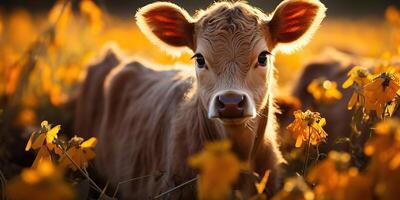 ai gerado. ai generativo. lindo jovem tilintar bezerro em girassol campo às pôr do sol. natureza panorama Fazenda vaca animal vibe. gráfico arte foto