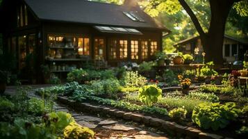 de madeira casa dentro Vila com plantas e flores dentro quintal jardim. jardim e flor em rural casa conceito de ai gerado foto