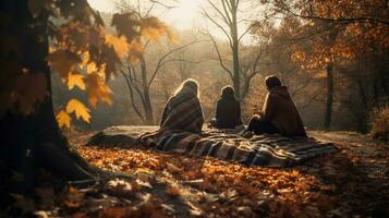 uma silhueta do grupo pessoas ter Diversão dentro a selva durante a pôr do sol. foto