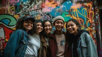 sorridente retrato do alegre jovem alunos em pé lado de fora foto