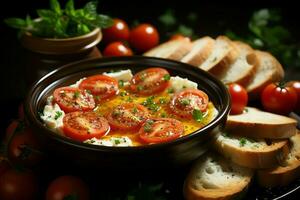 uma delicioso tomate sopa Comida dentro uma tigela. inverno Comida e saudável proteína sopa refeição conceito de ai gerado foto