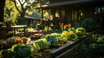 de madeira casa dentro Vila com plantas e flores dentro quintal jardim. jardim e flor em rural casa conceito de ai gerado foto