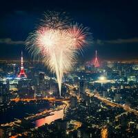 lindo fogo de artifício mostrar com paisagem urbana às noite para celebração feliz Novo ano. fogo de artifício exibição conceito de ai gerado foto