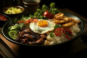 nasi Goreng indonésio tradicional Comida. frito arroz frango com ovos e picante especiarias de fritar conceito de ai gerado foto