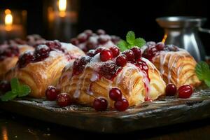 caseiro do delicioso pastelaria ou panquecas com fruta dinamarquês e cereja. dinamarquês pastelaria e sobremesa conceito de ai gerado foto