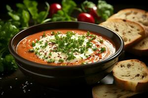 uma delicioso tomate sopa Comida dentro uma tigela. inverno Comida e saudável proteína sopa refeição conceito de ai gerado foto