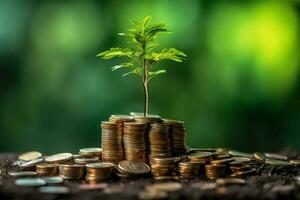 o negócio crescimento com uma crescendo árvore em uma moeda. mostrando financeiro desenvolvimentos. financeiro planejamento conceito de ai gerado foto