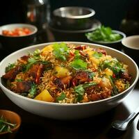 nasi Goreng indonésio tradicional Comida. frito arroz frango com ovos e picante especiarias de fritar conceito de ai gerado foto