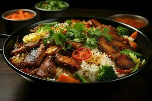 nasi Goreng indonésio tradicional Comida. frito arroz frango com ovos e picante especiarias de fritar conceito de ai gerado foto