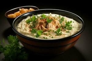 uma delicioso frango sopa Comida com legumes dentro uma tigela. inverno Comida e Alto proteína sopa refeição conceito de ai gerado foto