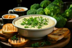 uma delicioso legumes sopa Comida dentro uma tigela. inverno Comida e Alto proteína sopa refeição conceito de ai gerado foto