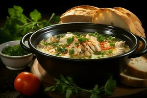 uma delicioso frango sopa Comida com legumes dentro uma tigela. inverno Comida e Alto proteína sopa refeição conceito de ai gerado foto