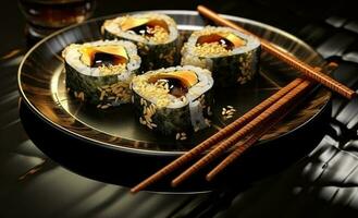Sushi lista com pauzinhos em Sombrio fundo foto