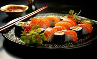 Sushi lista com pauzinhos em Sombrio fundo foto