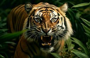 tigre encarando Perigo dentro tropical floresta gerado de ai foto