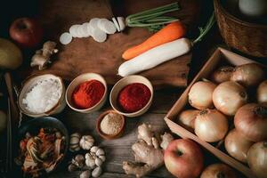 fresco ingredientes e legumes colocada dentro a mesa para fazer Kimchi que contém ingredientes tal Como ruivo, alho, sal, cebola, açúcar, gochugaru coreano Pimenta. Kimchi é uma saudável Comida. foto