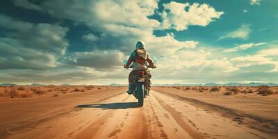 ai gerado. ai generativo. deserto areia estrada montanha bicicleta motocicleta Cruz futurista. aventura viagem estrada mover vibe. gráfico arte foto