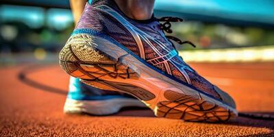 ai gerado. ai generativo. esporte em forma Academia inspiração motivação rastrear corre corrida caminhando maratona distância com pernas em superfície. gráfico arte foto