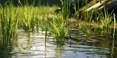 ai gerado. ai generativo. foto ilustração do lagoa sedge às lago mar rio água. plantar flora florescer. gráfico arte