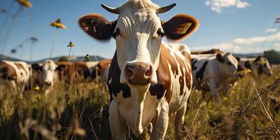 ai gerado. ai generativo. vaca animal face frontal engraçado retrato às verde campo Fazenda. panorama agricultura natureza ao ar livre Vila viver estilo. gráfico arte foto