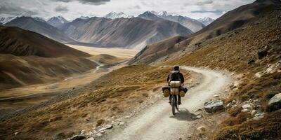 ai gerado. ai generativo. montanha bicicleta ciclismo ativo em forma esporte aventura viagem com bagagem. gráfico arte foto