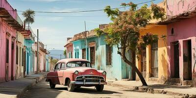 ai gerado. ai generativo. clássico vintage retro Rosa cadillac às Cuba latim tropical exótico panorama. aventura período de férias caribiam palma árvores ensolarado rua vibe. gráfico arte foto