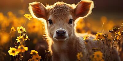 ai gerado. ai generativo. lindo jovem tilintar bezerro em girassol campo às pôr do sol. natureza panorama Fazenda vaca animal vibe. gráfico arte foto