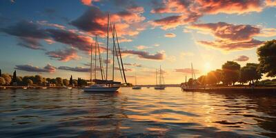 ai gerado. ai generativo. natureza ao ar livre panorama do iate marinho barco navio às doca porta Porto. período de férias relaxar panorama fundo vibe. gráfico arte foto