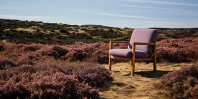 ai gerado. ai generativo. acolhedor de madeira braço cadeira acolhedor em a natureza ao ar livre selvagem campo. período de férias relaxar vibe. gráfico arte foto