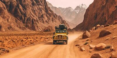 ai gerado. ai generativo. carro jipe veículo dentro deserto areia panorama. estrada aventura viagem viagem período de férias. gráfico arte foto